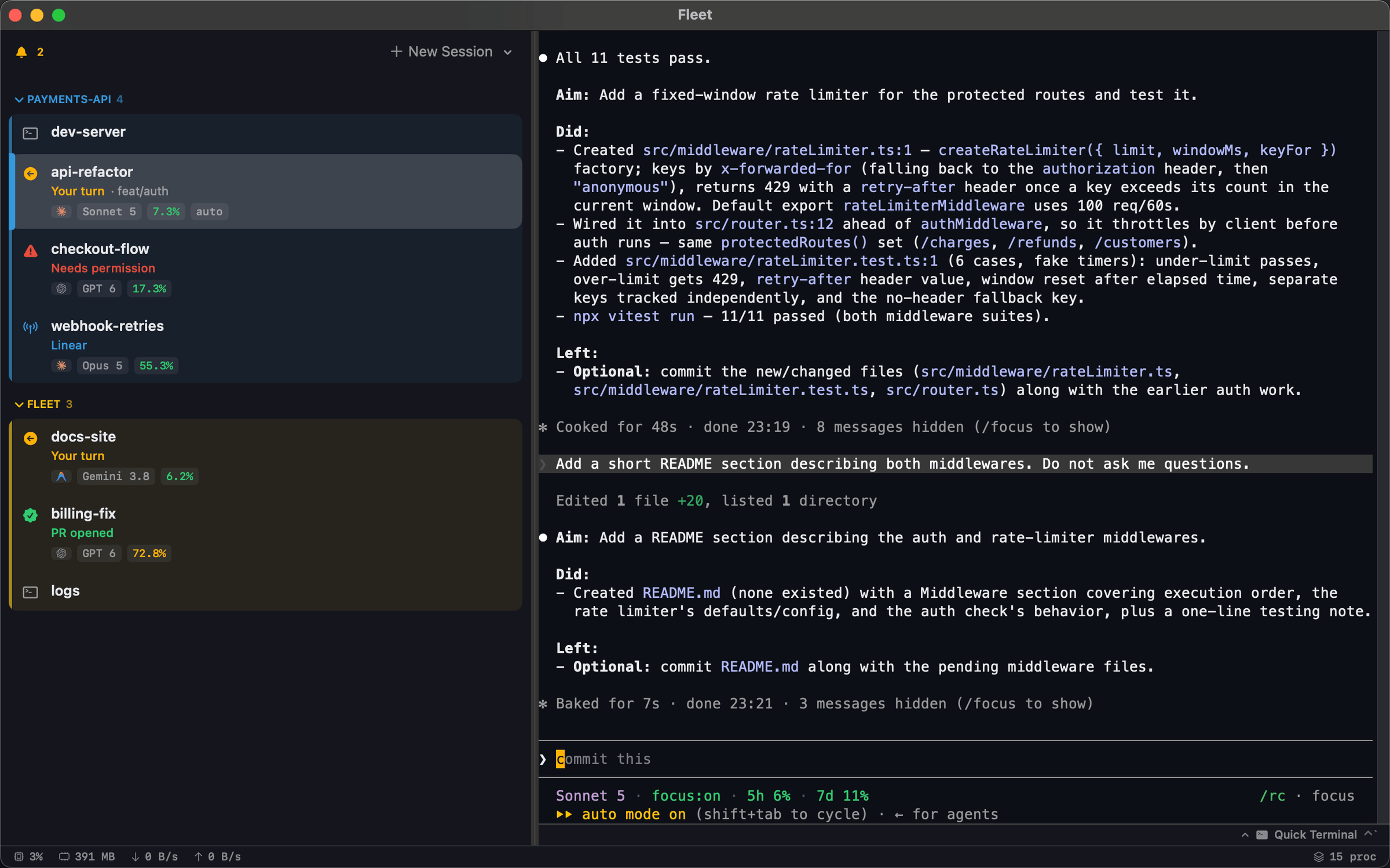 A Claude Code session in Fleet with three subagents running, each shown as a row in the agent panel